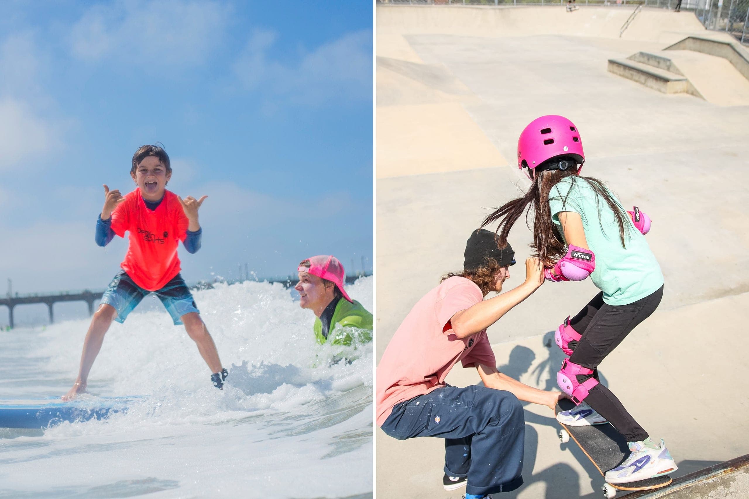 BeachSports campers surfing and skateboarding at Hermosa Beach